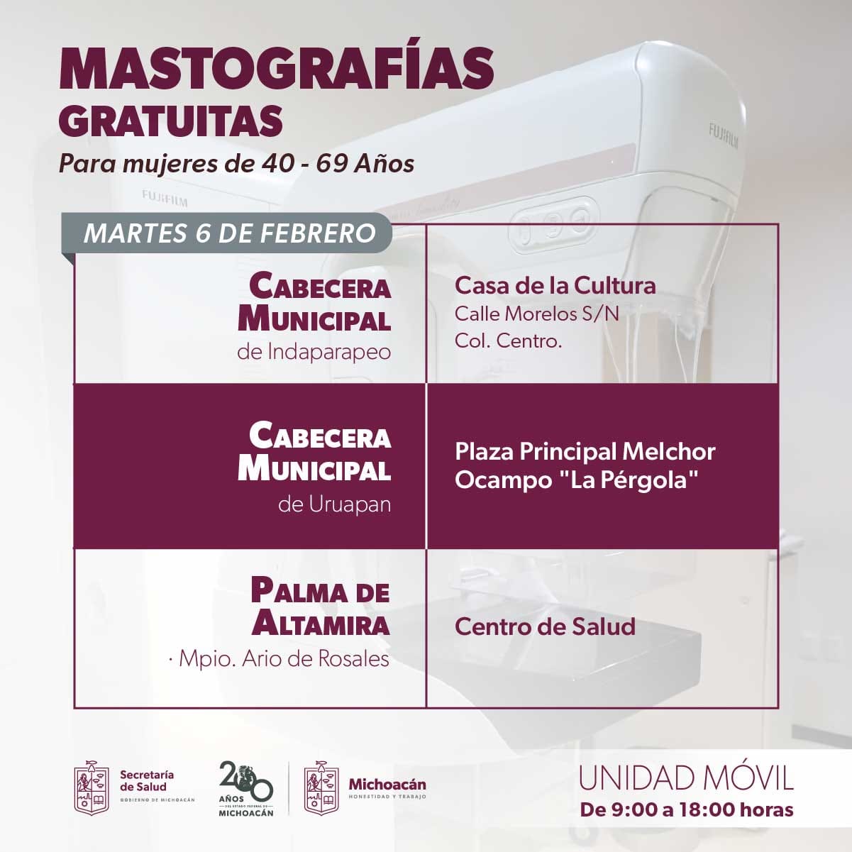 Del 5 al 8 de febrero llevará SSM mastografías gratuitas a 8 municipios