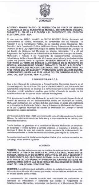 Emite Ayuntamiento de Morelia acuerdo para la restricción de venta de alcohol durante jornada electoral