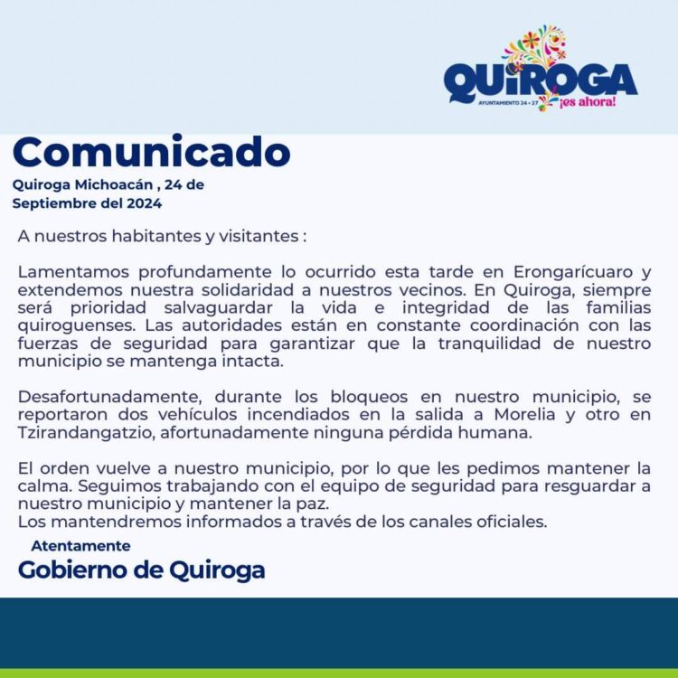 Gobierno Municipal de Quiroga pide calma a la población y a visitantes tras los bloqueos en Erongarícuaro