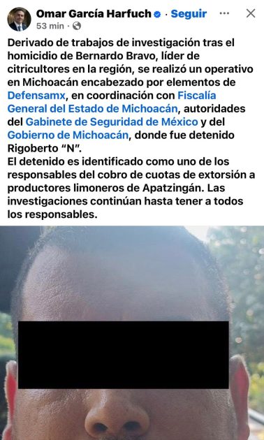 Detienen al presunto autor intelectual del asesinato del líder limonero Bernardo Bravo en Apatzingán