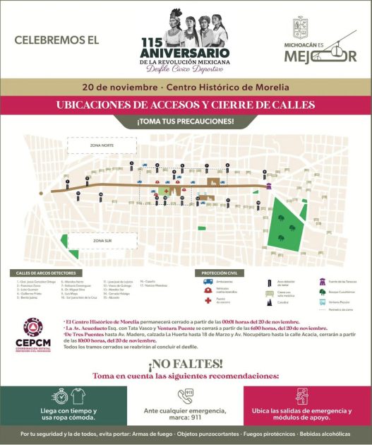 Estás son las calles que cerrarán mañana por el desfile del 20 de noviembre en Morelia; toma precausiones