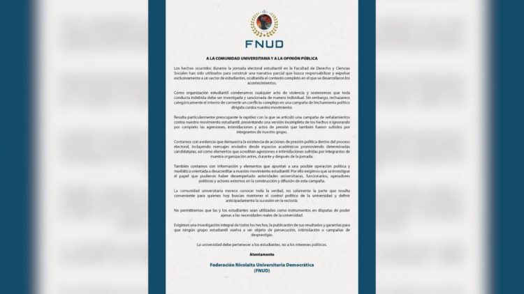 FNUD rompe el silencio y exige investigación integral tras hechos en la Facultad de Derecho de la UMSNH