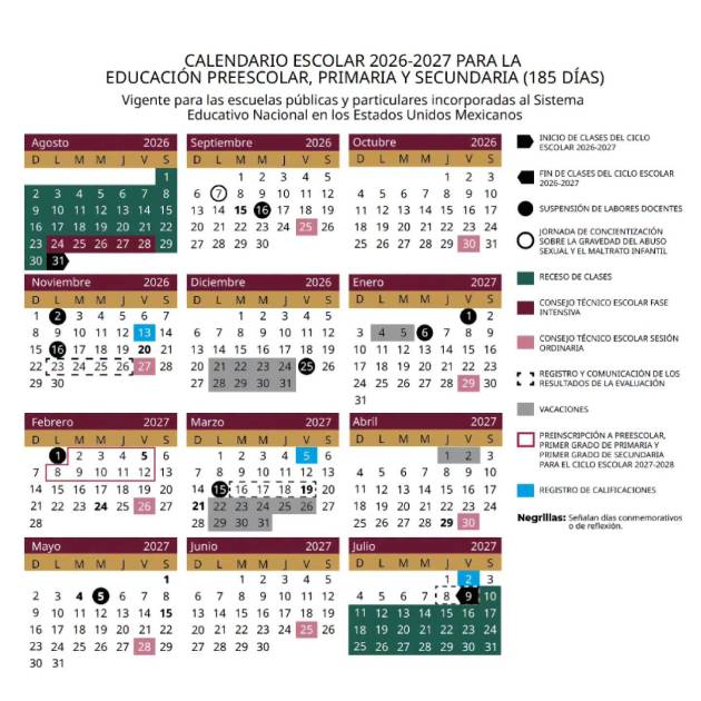 El calendario escolar 2026-2027, contiene 185 días de clases